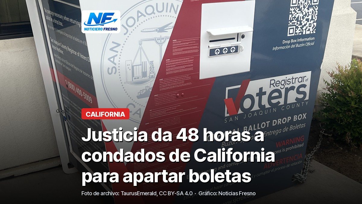 Buzón oficial de entrega de boletas del Registro de Votantes del Condado de San Joaquín, con el titular de la nota