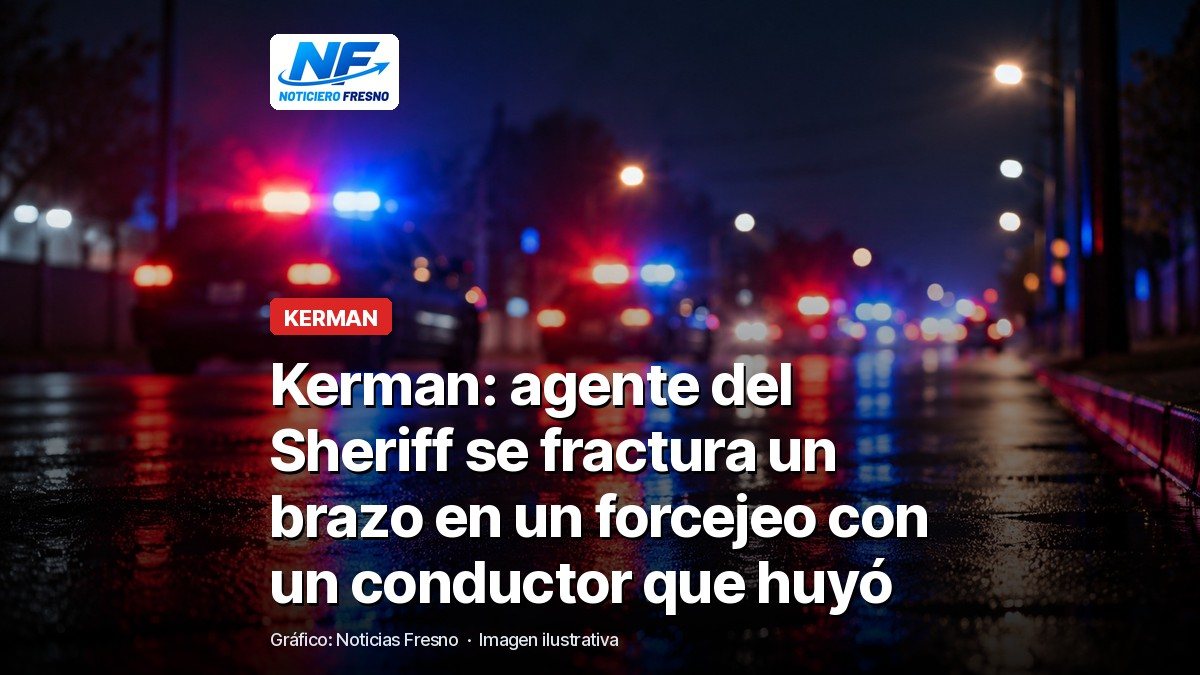 Imagen ilustrativa de luces de patrullas en una calle de noche con el titular de la nota sobre el agente herido en Kerman