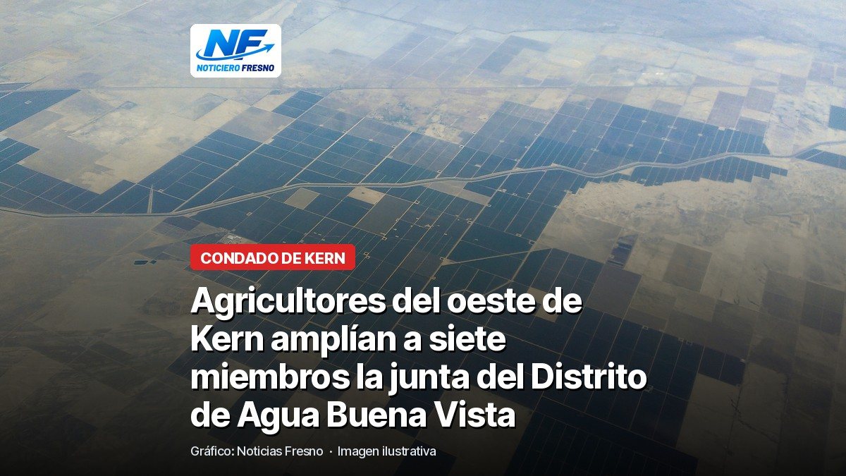 Vista aérea de campos agrícolas del oeste del Condado de Kern atravesados por el Acueducto de California, con el titular de la nota