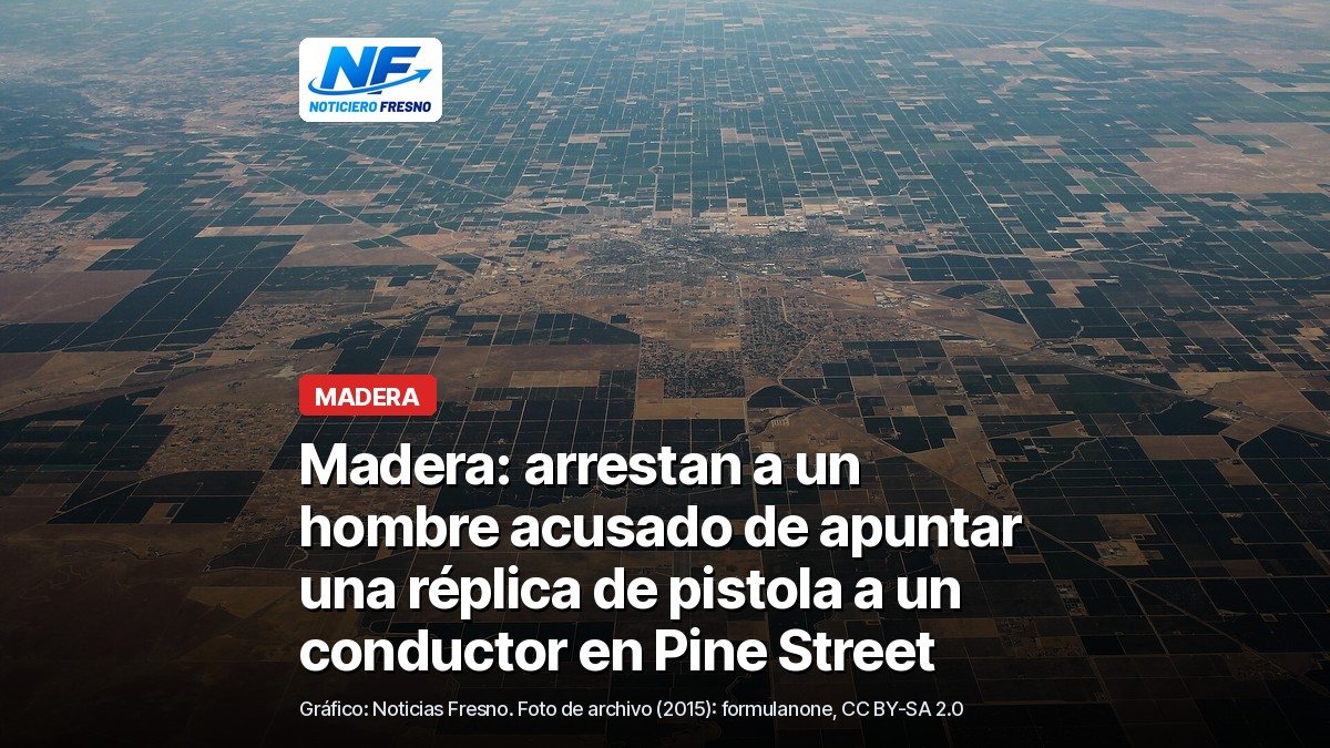 Foto aérea de archivo de la ciudad de Madera y los campos que la rodean, con el titular de la nota