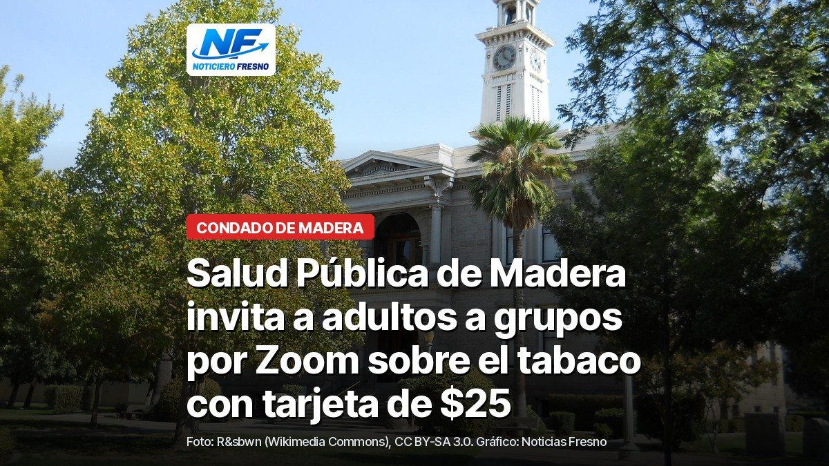 Antiguo edificio de la corte del condado de Madera, con su torre del reloj, palmeras y árboles bajo cielo despejado, con el titular de la nota