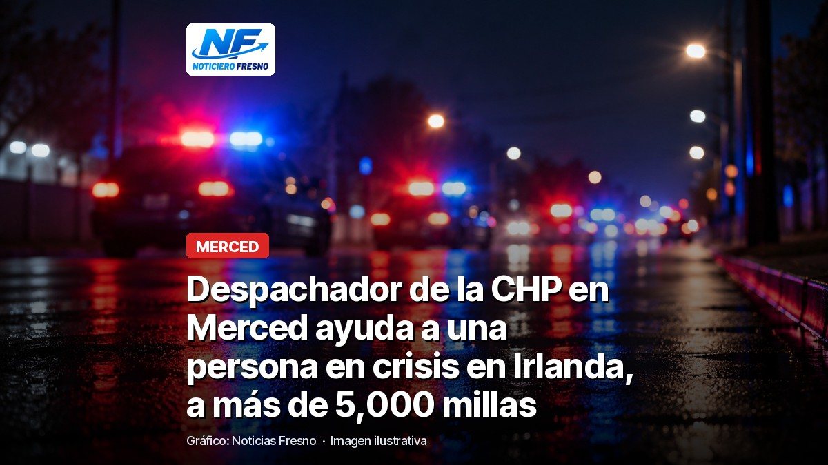 Imagen ilustrativa de luces de patrulla de noche con el titular de la nota sobre el despachador de la CHP en Merced