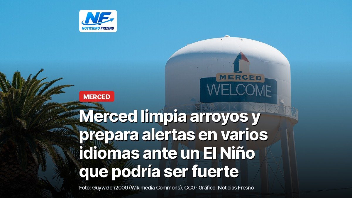 Tanque de agua con la palabra Merced y una palmera bajo el cielo azul, con el titular de la nota