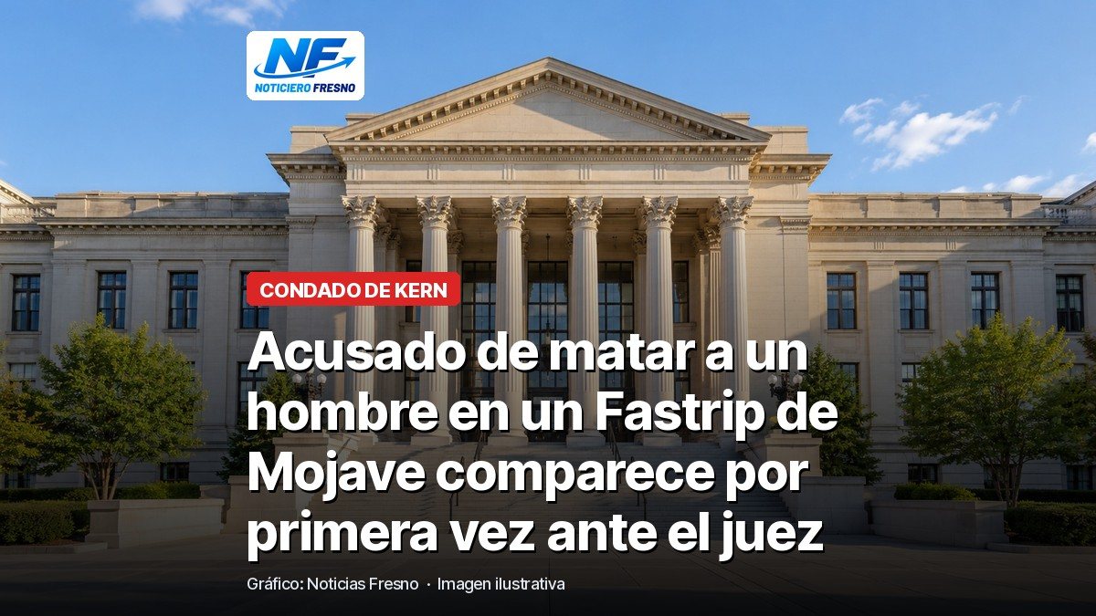 Imagen ilustrativa de un edificio de tribunal con el titular de la nota sobre el caso del homicidio en un Fastrip de Mojave