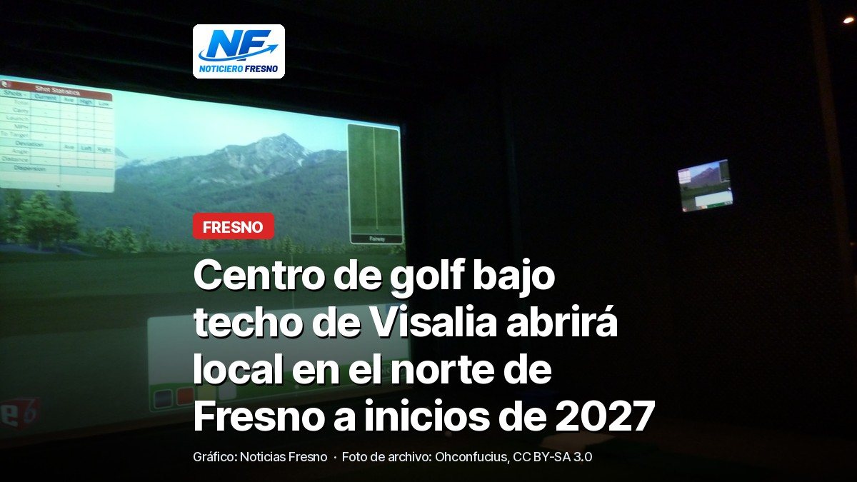 Simulador de golf bajo techo con pantalla grande y tapete verde, foto de archivo que no corresponde al local de Mulligan's, con el titular de la nota