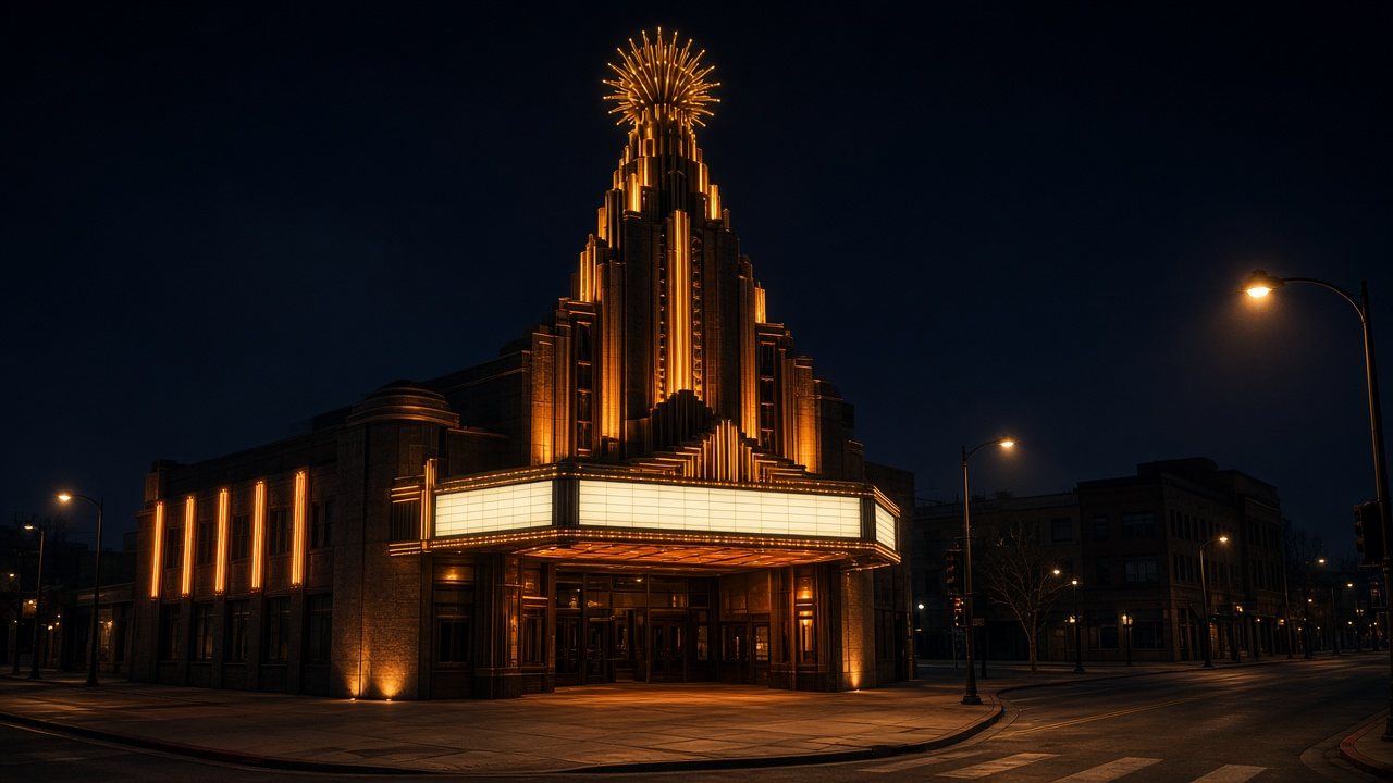 Ilustración de un teatro art déco con su torre iluminada de noche
