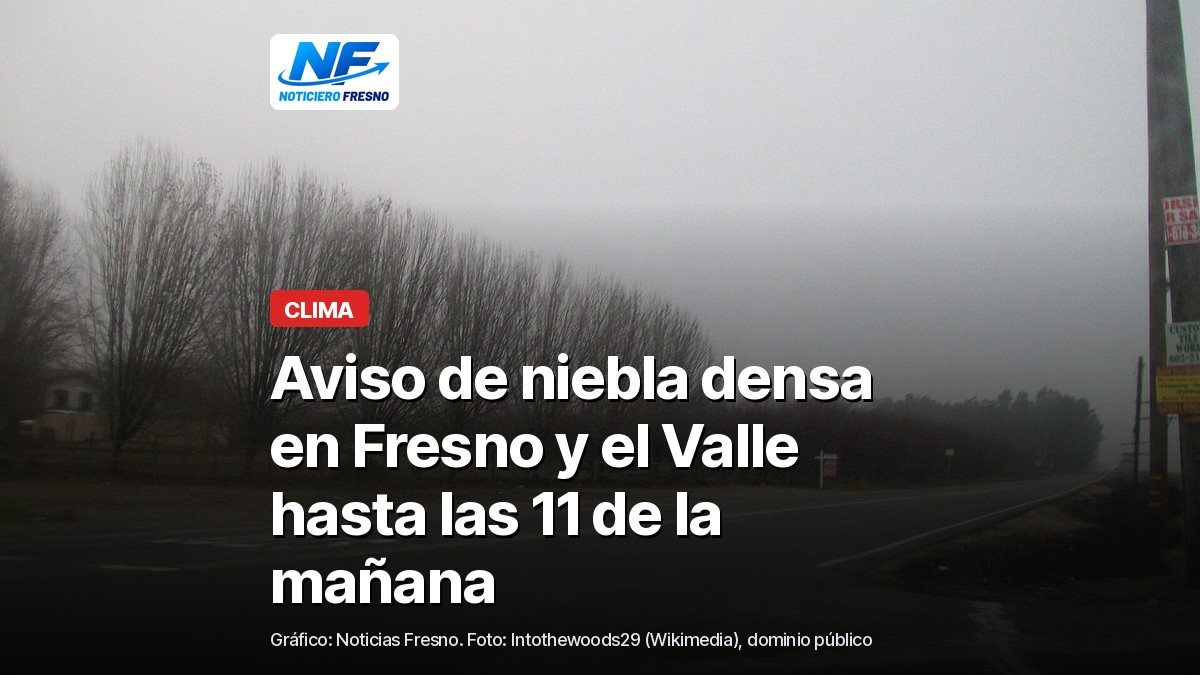 Niebla del Valle de San Joaquín sobre un campo y árboles, foto de archivo, con el titular de la nota sobre el aviso de niebla densa