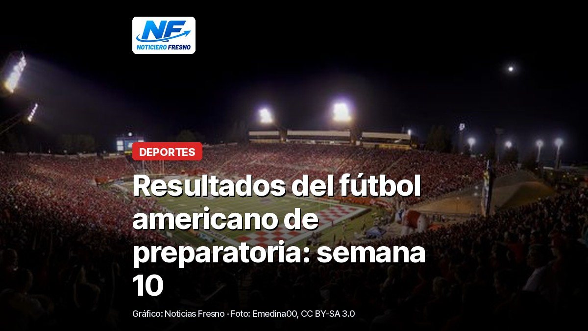 Estadio de fútbol americano de Fresno State de noche, con el titular de la nota