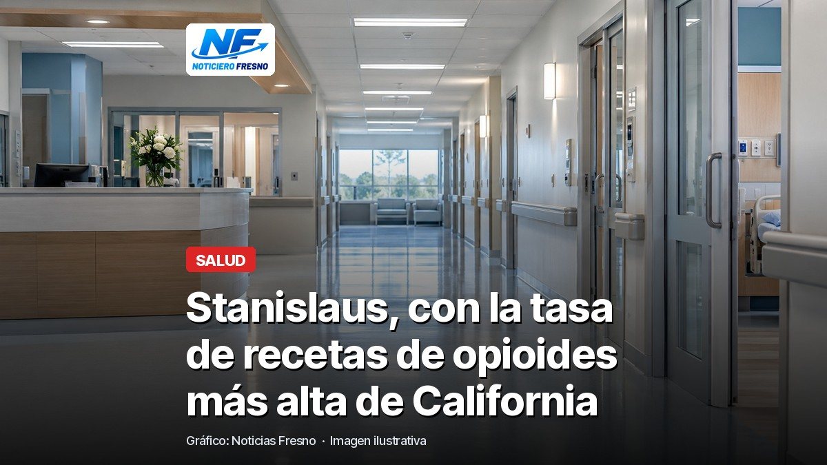 Pasillo de hospital con luz suave, con el titular de la nota sobre la tasa de recetas de opioides en el condado de Stanislaus