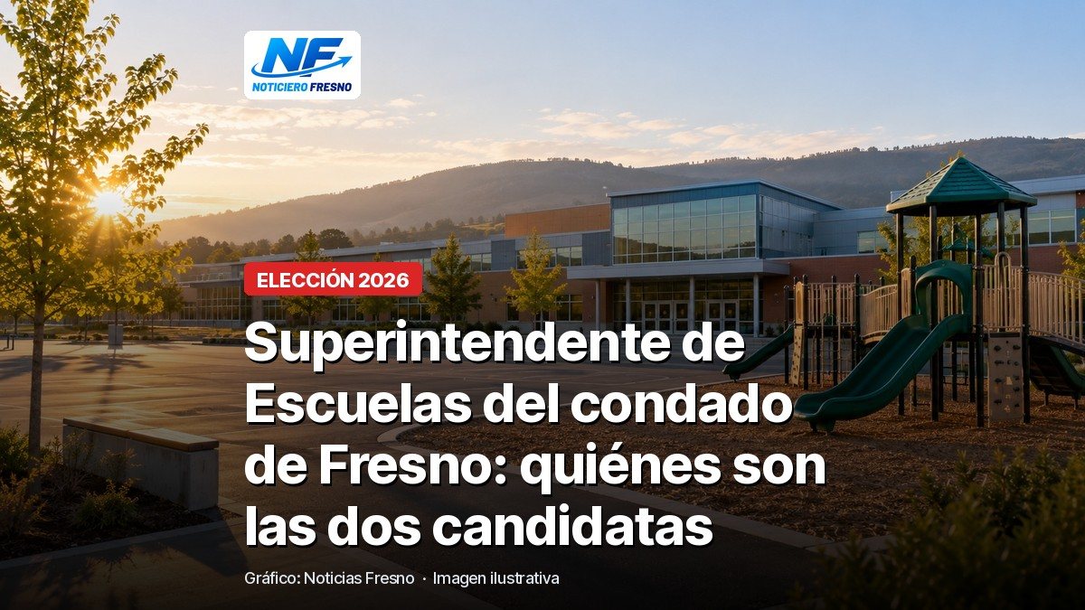 Patio de una escuela, imagen ilustrativa, con el titular sobre las candidatas a superintendente de escuelas del condado de Fresno