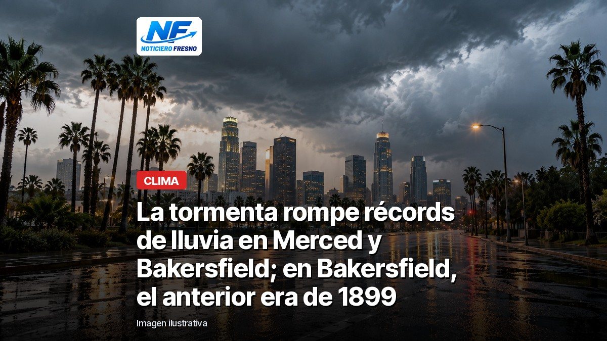 Calle mojada bajo la lluvia, imagen ilustrativa, con el titular de la nota sobre los récords de lluvia en Merced y Bakersfield