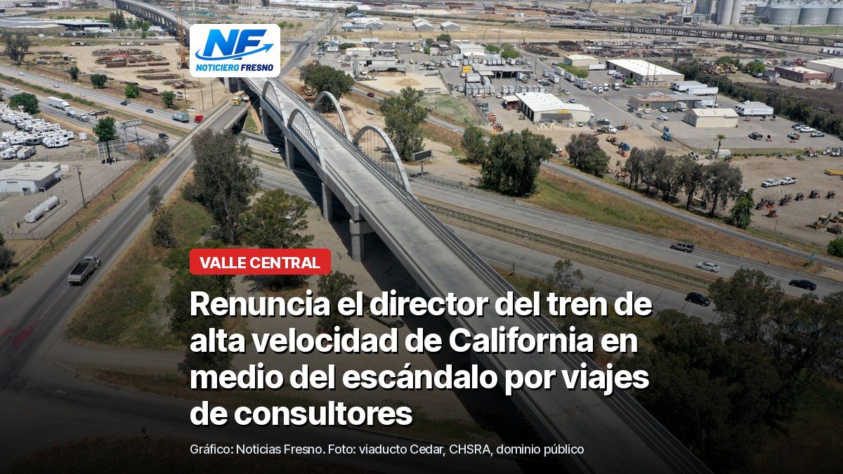 Foto de archivo del viaducto Cedar del tren de alta velocidad sobre la Carretera 99 al sur de Fresno, con el titular de la nota