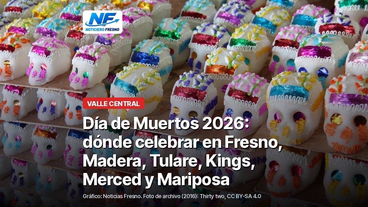 Calaveras de azúcar decoradas con colores en un puesto de mercado, foto de archivo de 2016, con el titular de la nota
