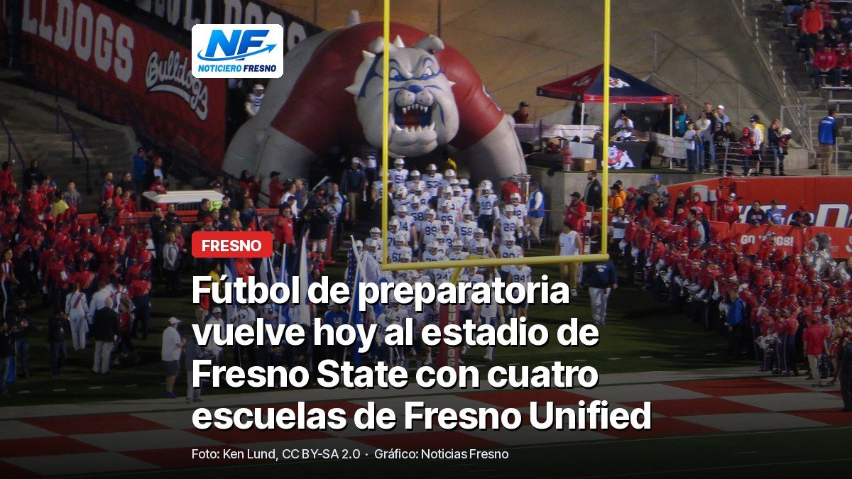 Estadio de fútbol americano de Fresno State durante un partido, con el titular de la nota